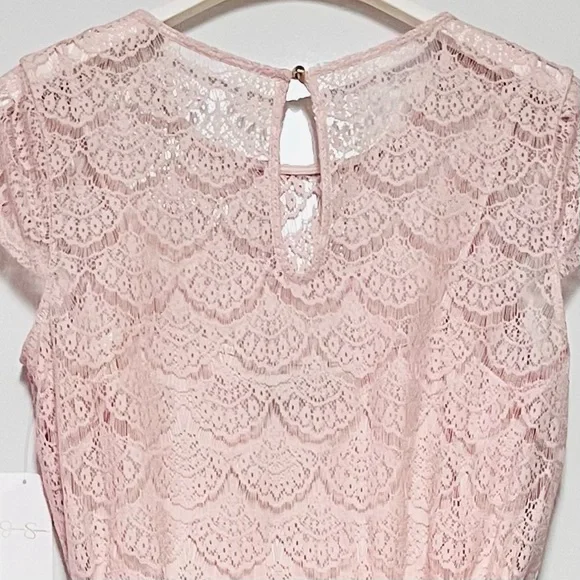 Jessica Simpson Lace Midi Dress Size 8 Blush Pink Scalloped Chain Collar Belted - Picture 11 of 16